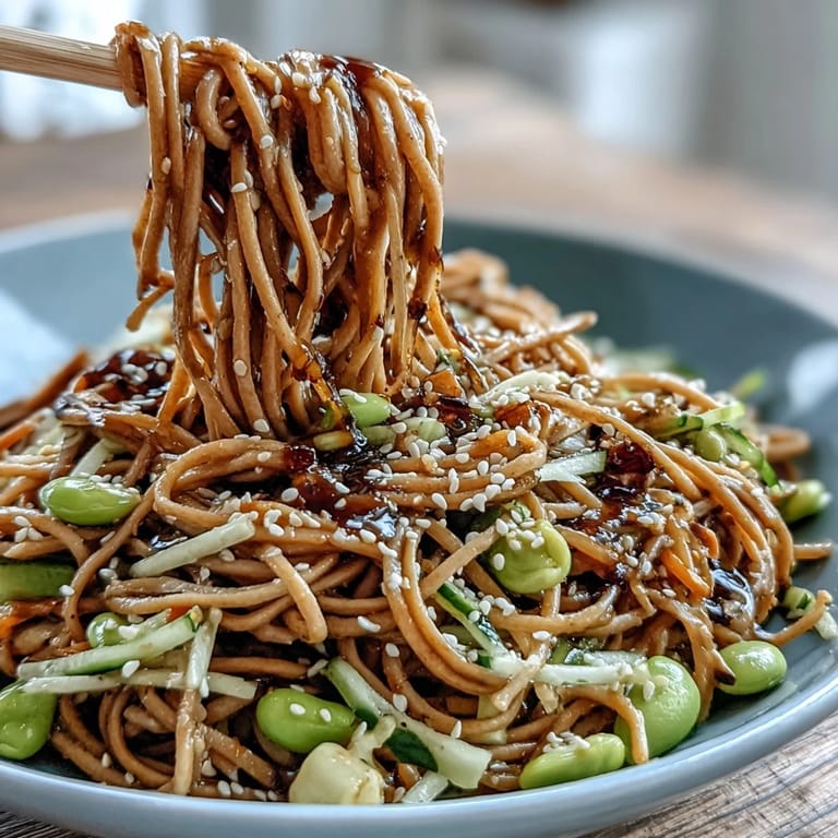 Colorful sesame ginger noodle bowl with crisp cabbage, carrots, and edamame, drizzled with homemade ginger-sesame dressing for a light meal.