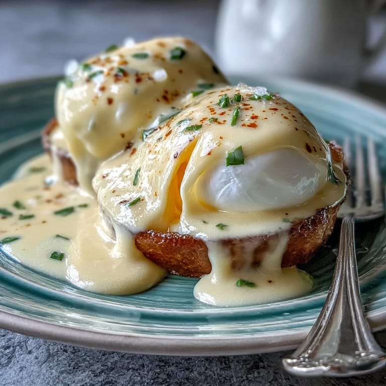 Velvety Blender Hollandaise Sauce made with egg yolks and lemon, offering a smooth, buttery finish that elevates any brunch dish.