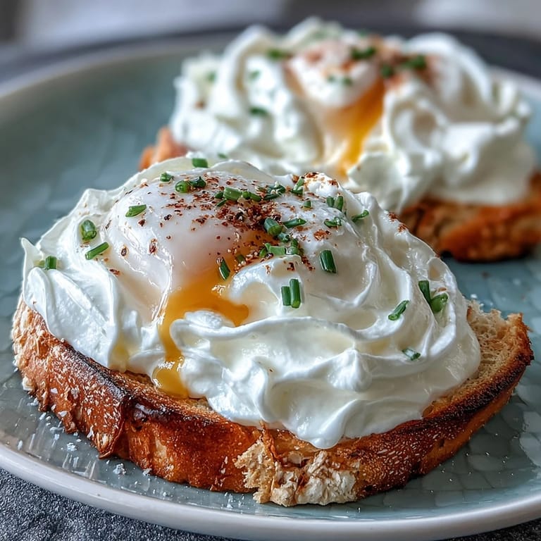 Delicate cloud eggs featuring whipped egg whites and runny yolks, an elegant and easy brunch dish.