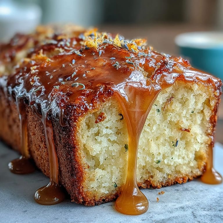 Baked Lemon Lavender Loaf Cake, glistening with honey glaze.