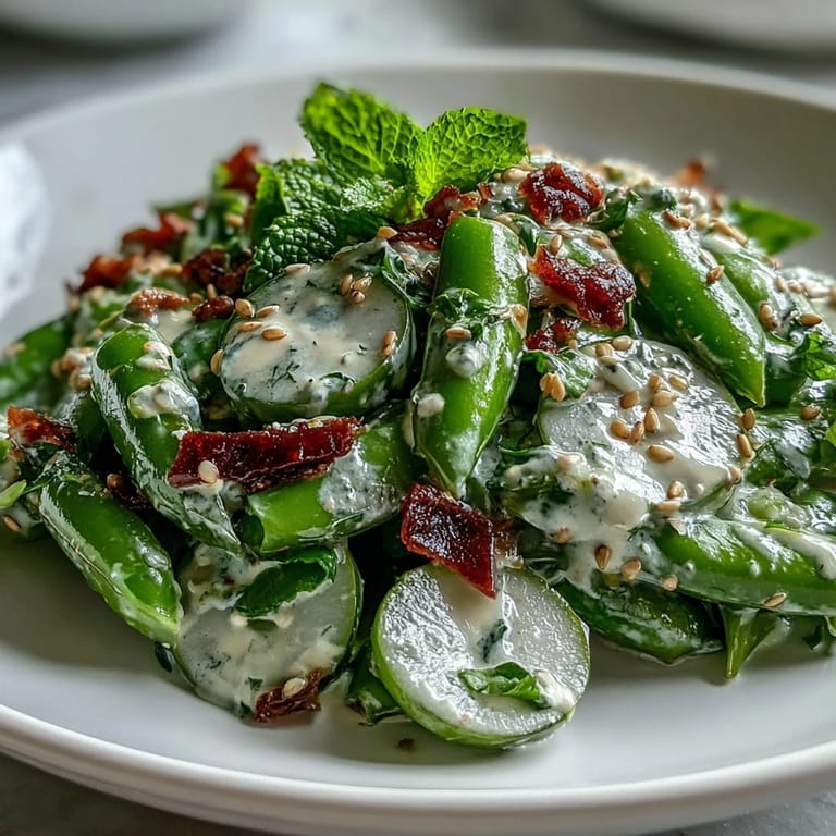 Glistening Snap Pea and Radish Spring Salad topped with toasted sesame seeds.