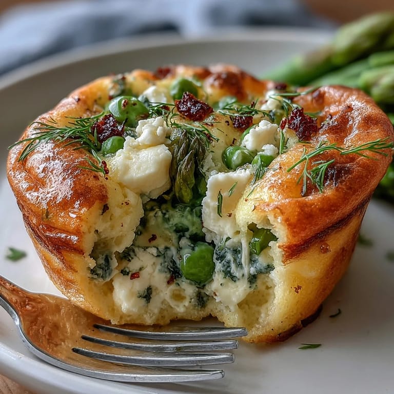 Vibrant spring vegetable frittata muffins topped with feta and fresh herbs, perfect for meal prep or brunch.