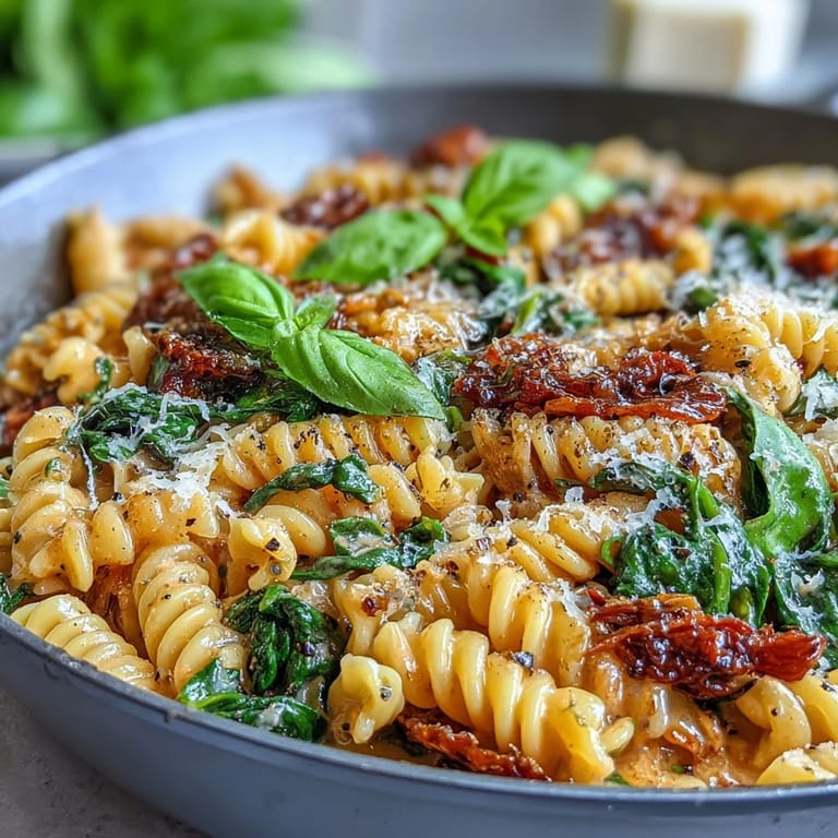 Rich and aromatic One-Pot Tuscan Pasta featuring tender penne, baby spinach, and Parmesan in a silky cream sauce.