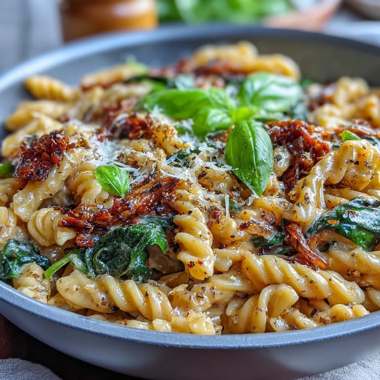 Flavorful One-Pot Tuscan Pasta with Italian herbs, sun-dried tomatoes, and a touch of white wine, served hot and bubbling.