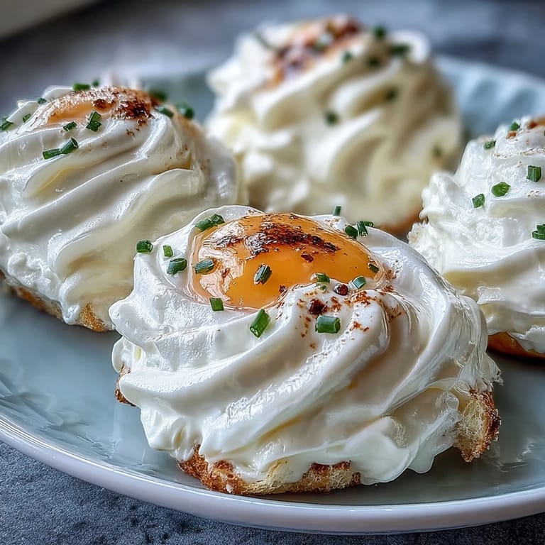 Baked cloud eggs with soft, pillowy whites and just-set yolks, ideal for a healthy, gluten-free morning meal.