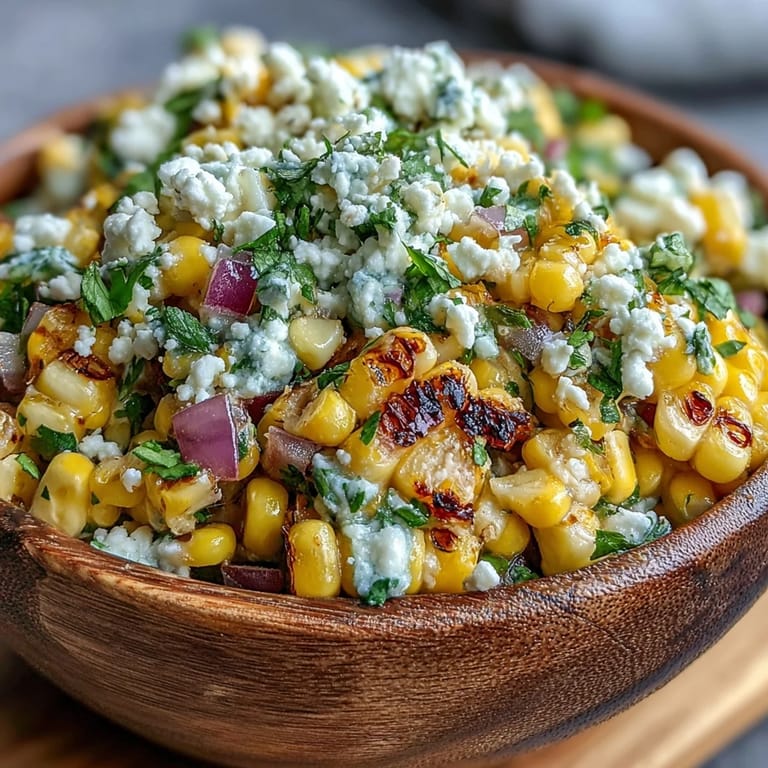 Tangy Mexican Street Corn Salad, perfect served chilled with lime wedges.