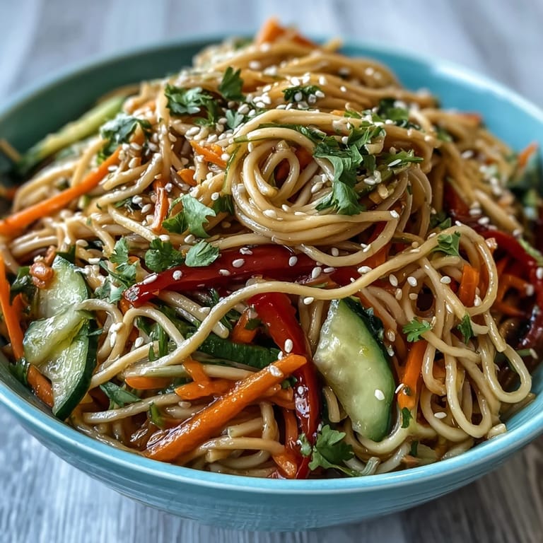 Beautifully plated cold soba noodle salad, drizzled with tangy ginger sesame goodness.