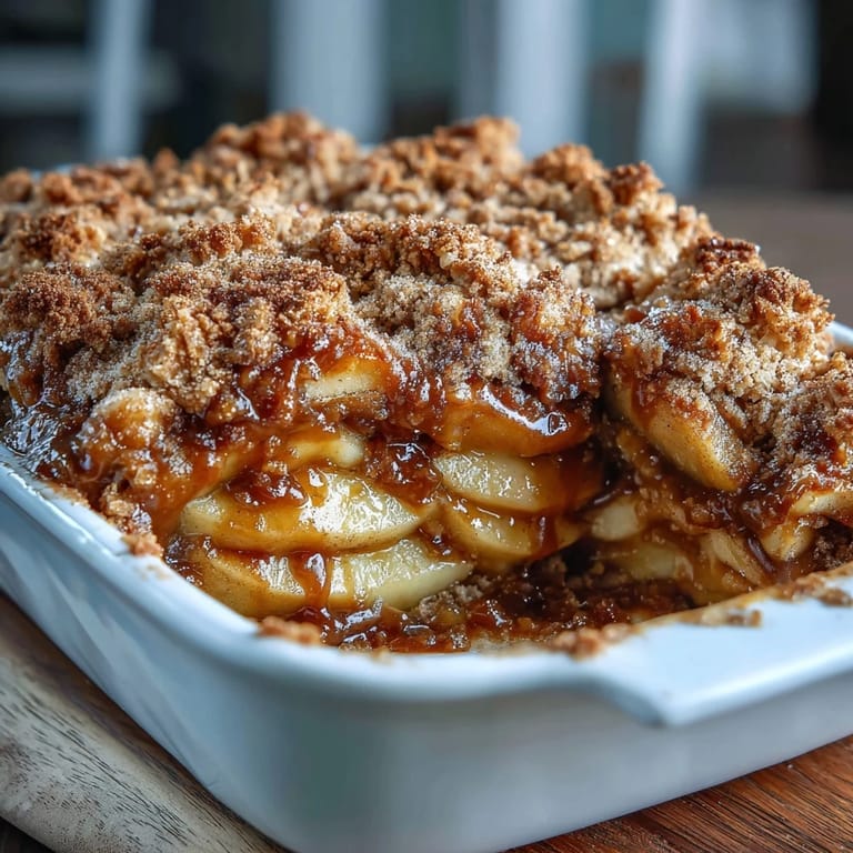 Golden whiskey caramel apple crisp bubbling, ready for serving.