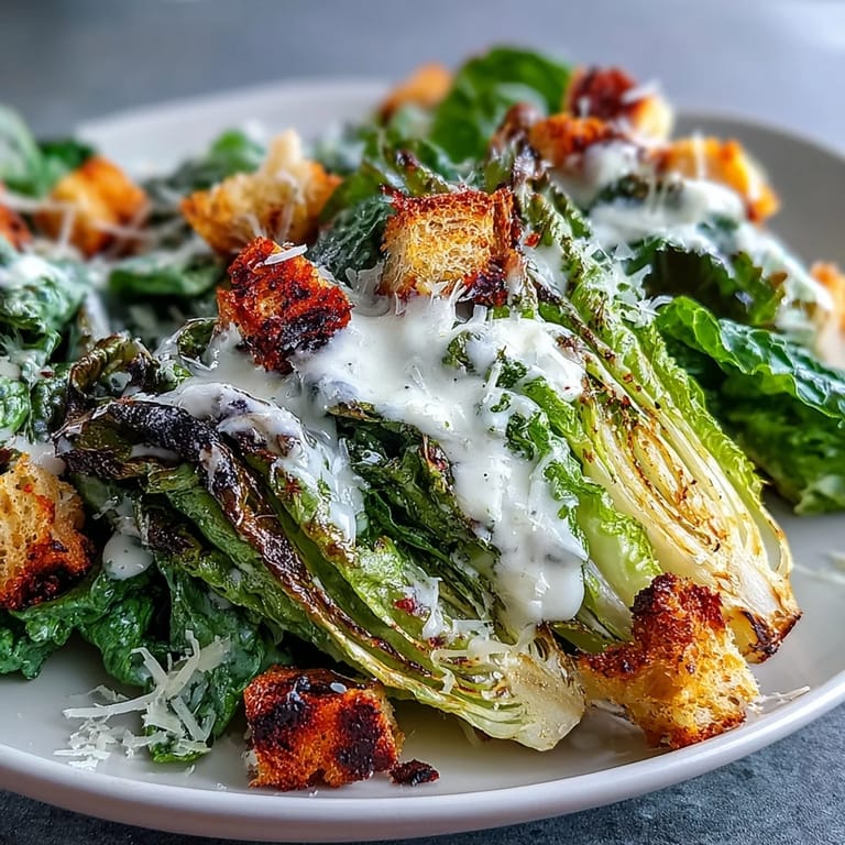 Delicious grilled Caesar salad featuring crisp, smoky romaine for a perfect summer dish.