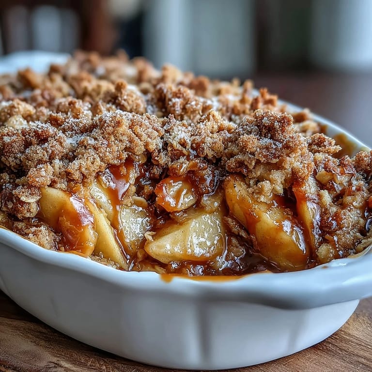 Warm Father's Day whiskey caramel apple crisp with buttery oat topping.