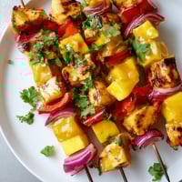 Juicy grilled mango lime chicken skewers, vibrant with vegetables and a sweet and savory glaze.