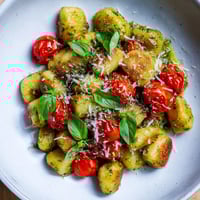 Crispy gnocchi with pesto, golden and delicious, tossed with bright red cherry tomatoes for a quick vegetarian dinner.