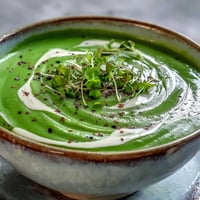 Creamy spinach soup in a rustic bowl with a swirl of cream and fresh black pepper.