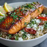 Crispy pan-seared salmon atop golden rice, with colorful peppers and creamy feta in this Mediterranean Salmon Bowl.