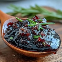 A bowl of Black Currant and Rosemary Reduction, a deep purple sauce with sprigs of fresh rosemary, ideal for drizzling over roasted lamb.
