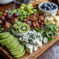 A colorful St. Patricks Day green food board filled with fresh fruits, veggies, cheeses, and festive snacks for sharing.