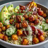 A vibrant grain bowl with roasted chickpeas, fresh vegetables, and zesty lemon vinaigrette.  