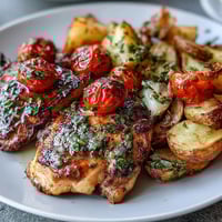 Spring Dinner Sheet Pan Chicken with Zucchini and Cherry Tomatoes on a colorful one-pan meal, juicy chicken surrounded by roasted zucchini and sweet cherry tomatoes.