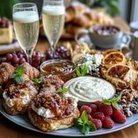 Vibrant Mothers Day brunch board with assorted pastries, fresh berries, and sparkling mimosas for a festive celebration.
