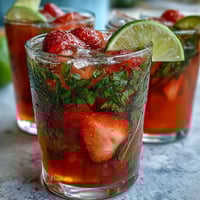 A vibrant pitcher of strawberry basil lemonade mocktail, with fresh berries, herbs, and citrus slices.