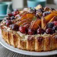 Golden summer stone fruit galette with frangipane, featuring juicy peaches, plums, and cherries atop a creamy almond filling in flaky pastry.