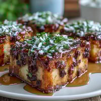 Warm capirotada Mexicana with toasted bread, raisins, and nuts in a cinnamon syrup, topped with melted cheese.