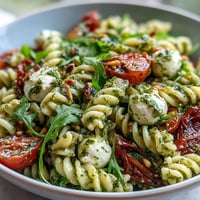 A colorful summer pasta salad with pesto, cherry tomatoes, and mozzarella—ideal for picnics or light dinners.