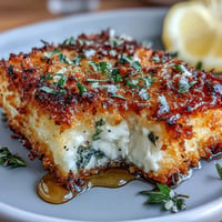 Crispy breaded feta cheese baked to golden perfection, drizzled with honey and topped with fresh herbs. A savory Mediterranean appetizer with creamy and crunchy textures.