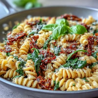 Creamy One-Pot Tuscan Pasta with spinach and sun-dried tomatoes in a white wine sauce, perfect for a cozy weeknight dinner.