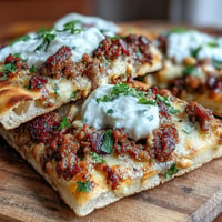 Delicious spiced lamb flatbread pizza topped with creamy Greek yogurt and fresh pomegranate seeds.