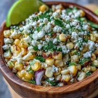 Charred Mexican Street Corn Salad with creamy cotija and vibrant cilantro.