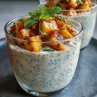 Creamy Skyr Protein Chia Pudding topped with vibrant fresh mango.