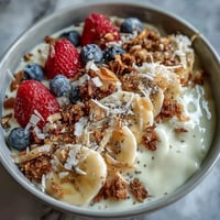 Thick Icelandic Skyr Protein Smoothie Bowl topped with fresh berries and crunchy granola.